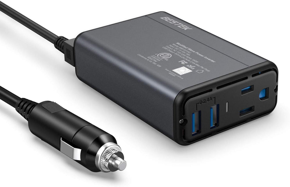 Bestek 150W inverter front view; compact car adapter for easy on-the-go charging