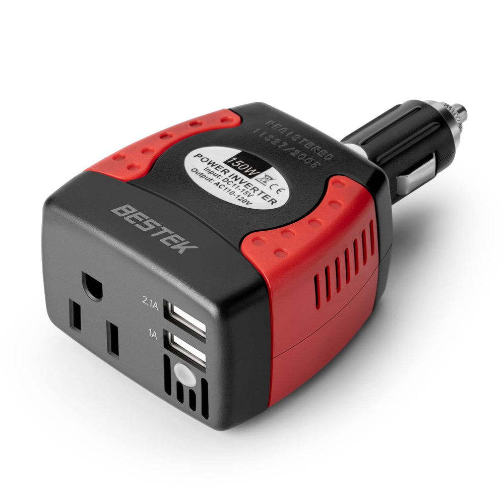 BESTEK 150W inverter front view showing compact design for easy car use.