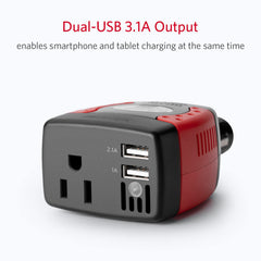 BESTEK 150W inverter with dual USB ports for charging multiple devices on the go.