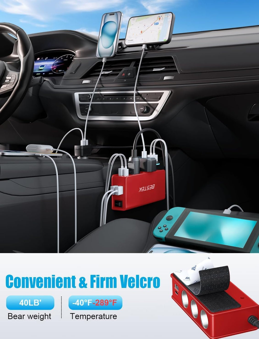 BESTEK 2.3ft power cord reaches backseat passengers comfortably.