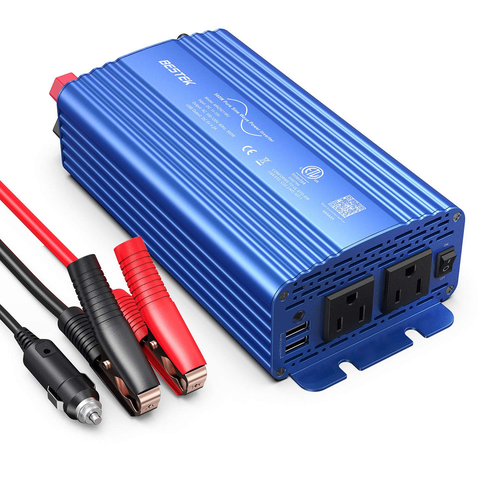 Bestek 500W pure sine inverter front view powering essential devices on the go.