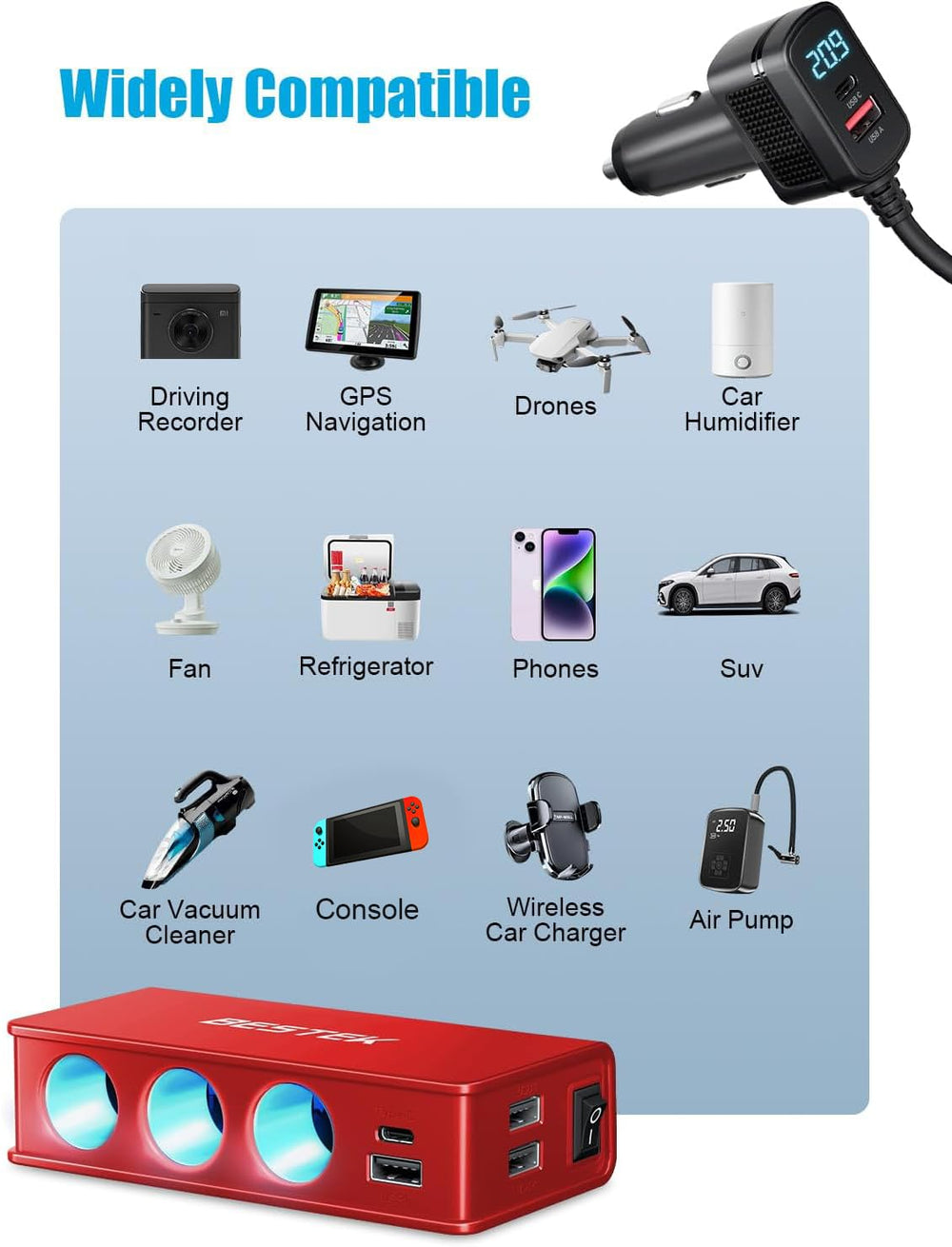 BESTEK universal compatibility suits most 12V and 24V vehicles.