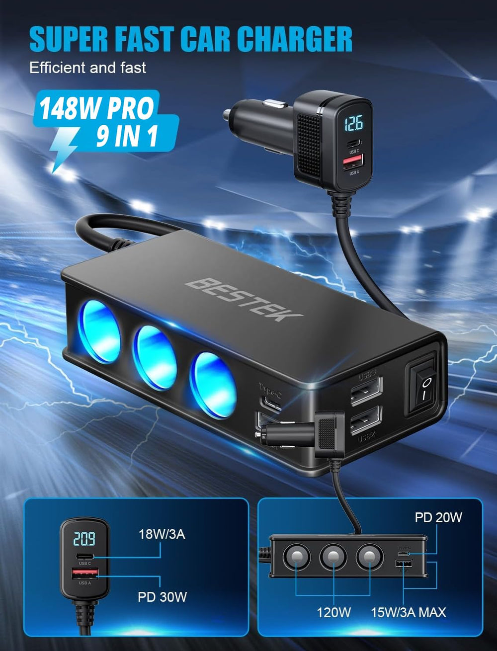 Bestek PD30W port delivers fast charging performance.