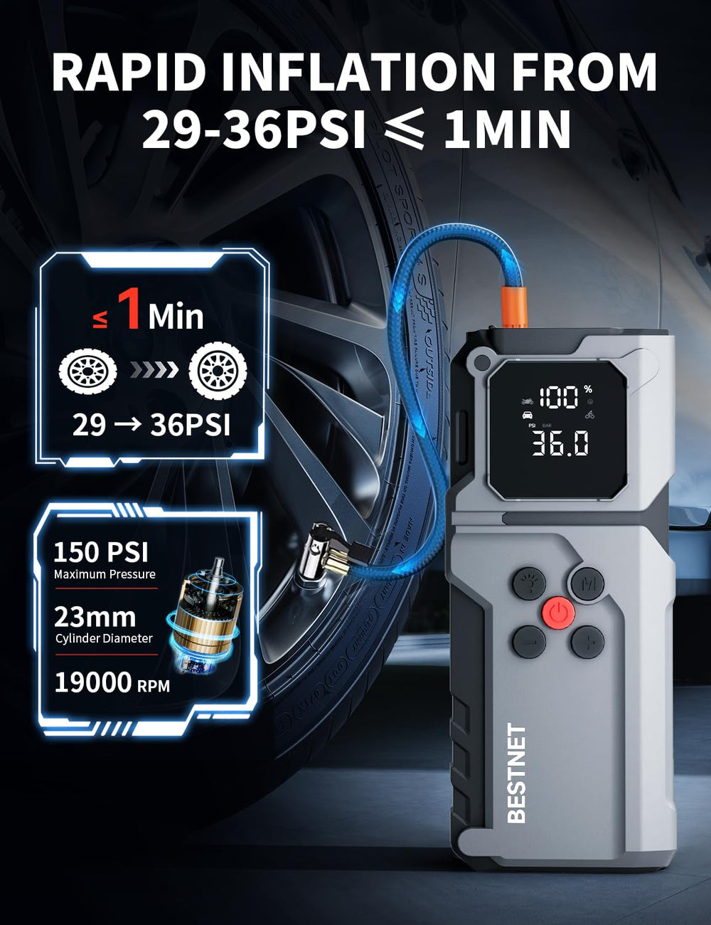 BESTNET Q27 digital display and auto-stop for precise inflation