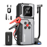 BESTNET Q27 jump starter with air compressor and cables powering a car battery during an emergency