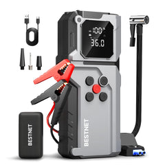 BESTNET Q27 jump starter with air compressor and cables powering a car battery during an emergency