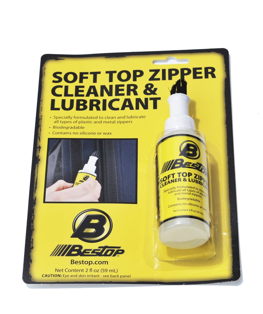 Bestop Zipper Cleaner and Lubricant bottle shows 2oz size for smooth zippers