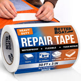 Better Boat repair tape on white awning seam showing a discreet patch