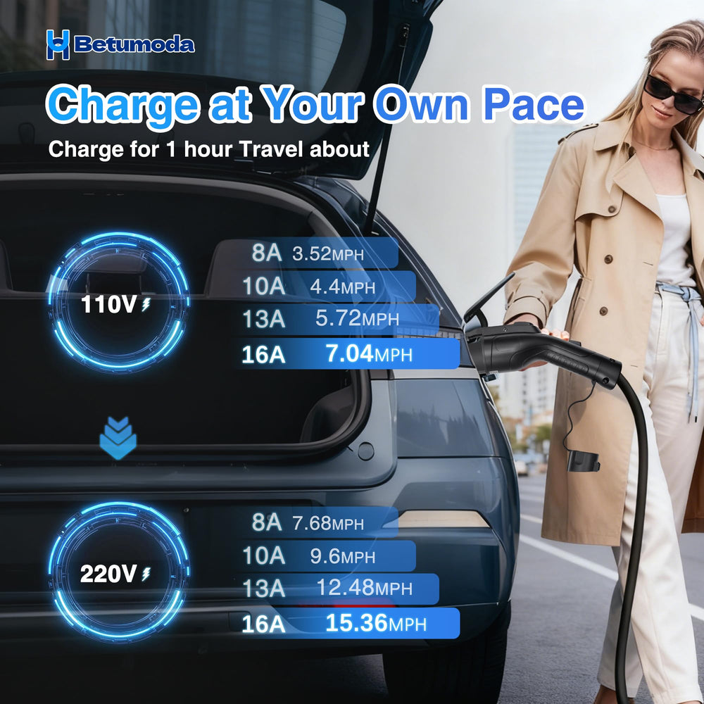 BETUMODA 25 ft charging cable stretched to reach parked EVs in driveways.