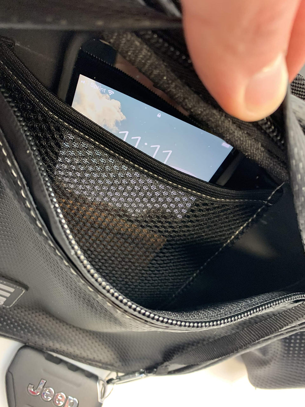 Bevel Engineering inner storage pocket keeps small items organized during rides
