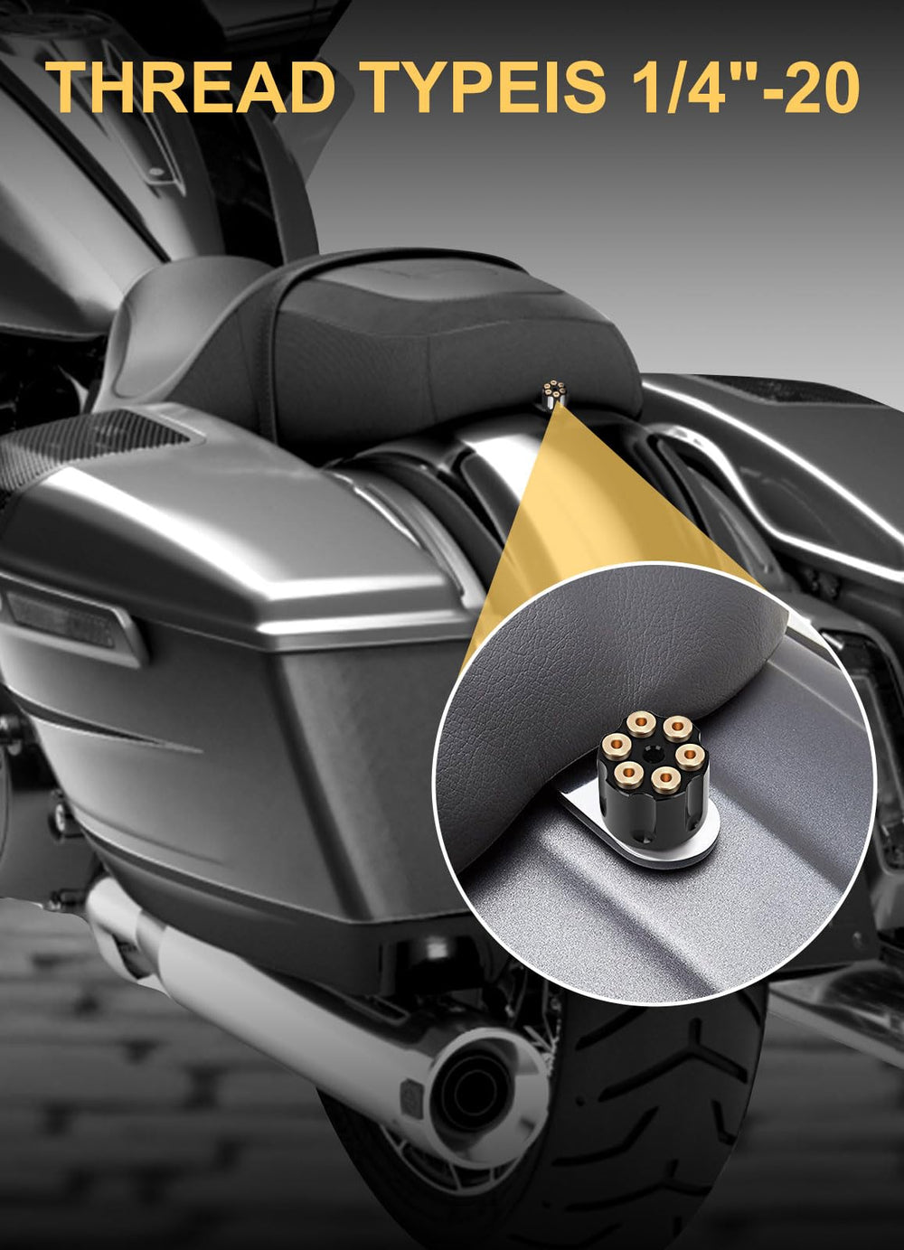 Beyisi rear seat bolt with 1/4-20 threads is Harley-compatible.