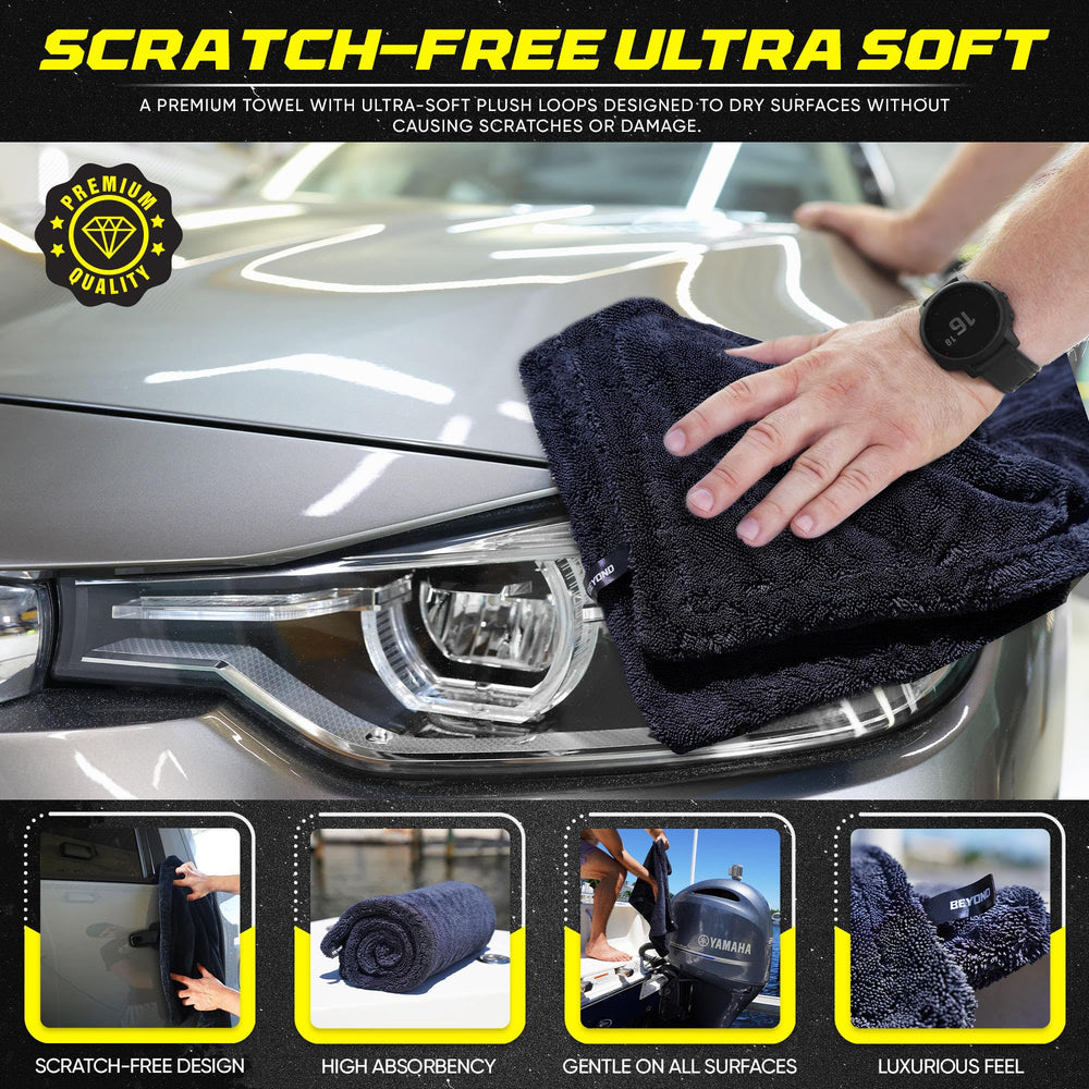 Beyond Braid large-coverage drying towel in action across a vehicle panel.