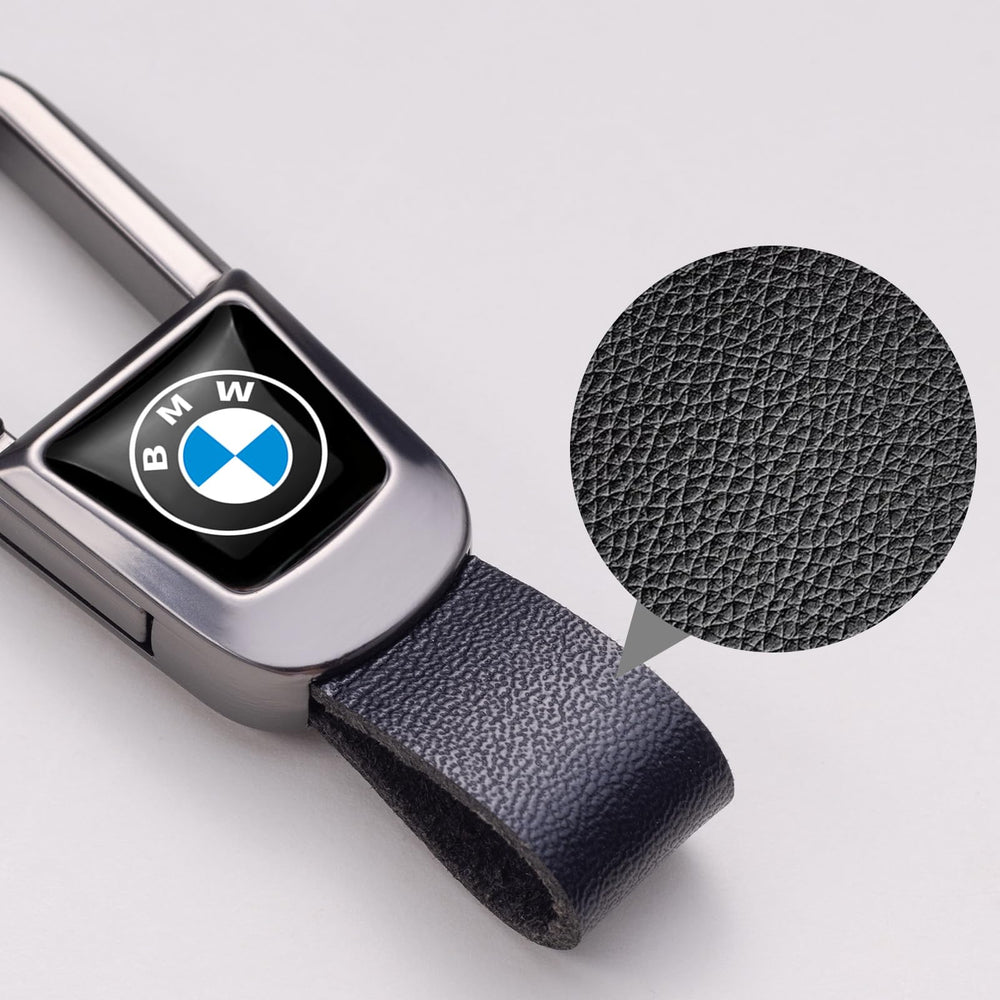 BFIVEANTE zinc alloy keychain for BMW showing durable metal and soft leather.