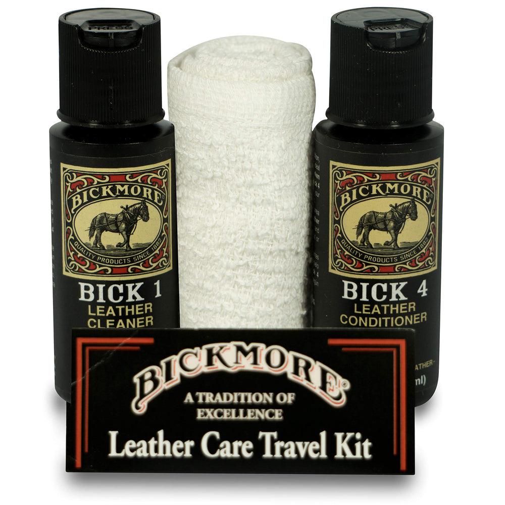 Bickmore Leather Travel Kit with compact bottles for on-the-go care.
