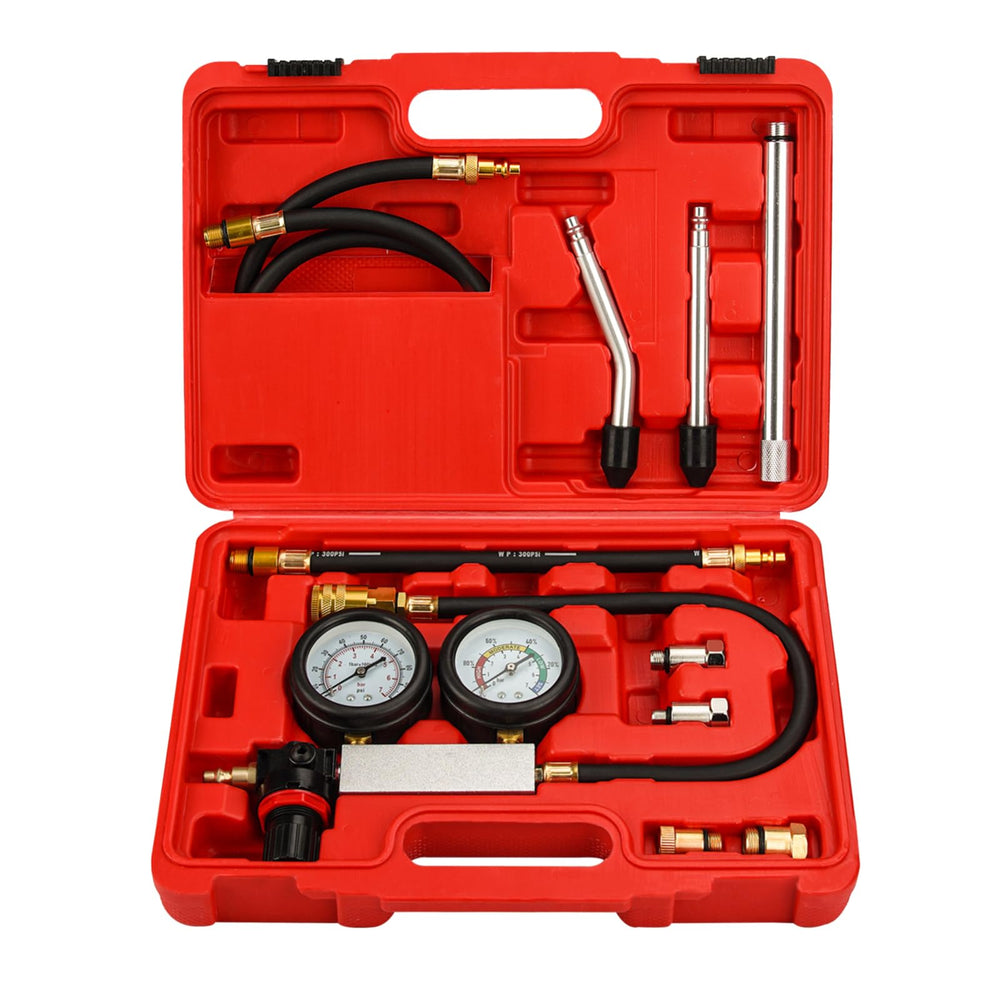 Bicos cylinder leak-down tester kit with dual gauges for quick pressure readings.
