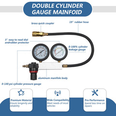 Bicos dual gauge display shows live cylinder pressure and leak rate measurements.