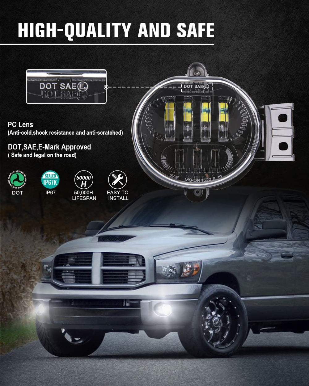 BICYACO Dodge Ram 1500 LED fog light rear view showing rugged black housing