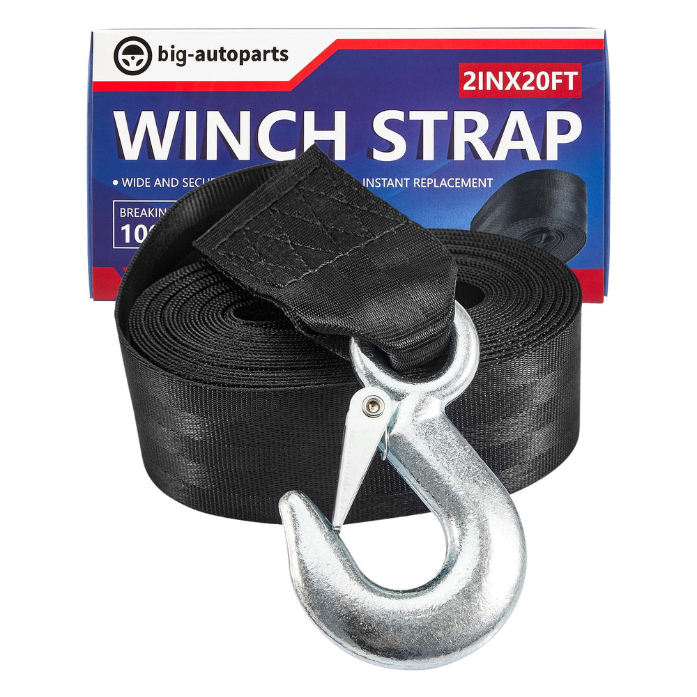 Big-AutoParts winch strap with safety hook secures trailers.