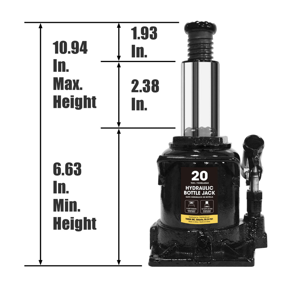 BIG RED 20-ton bottle jack lift range enables quick height adjustments for vehicles.
