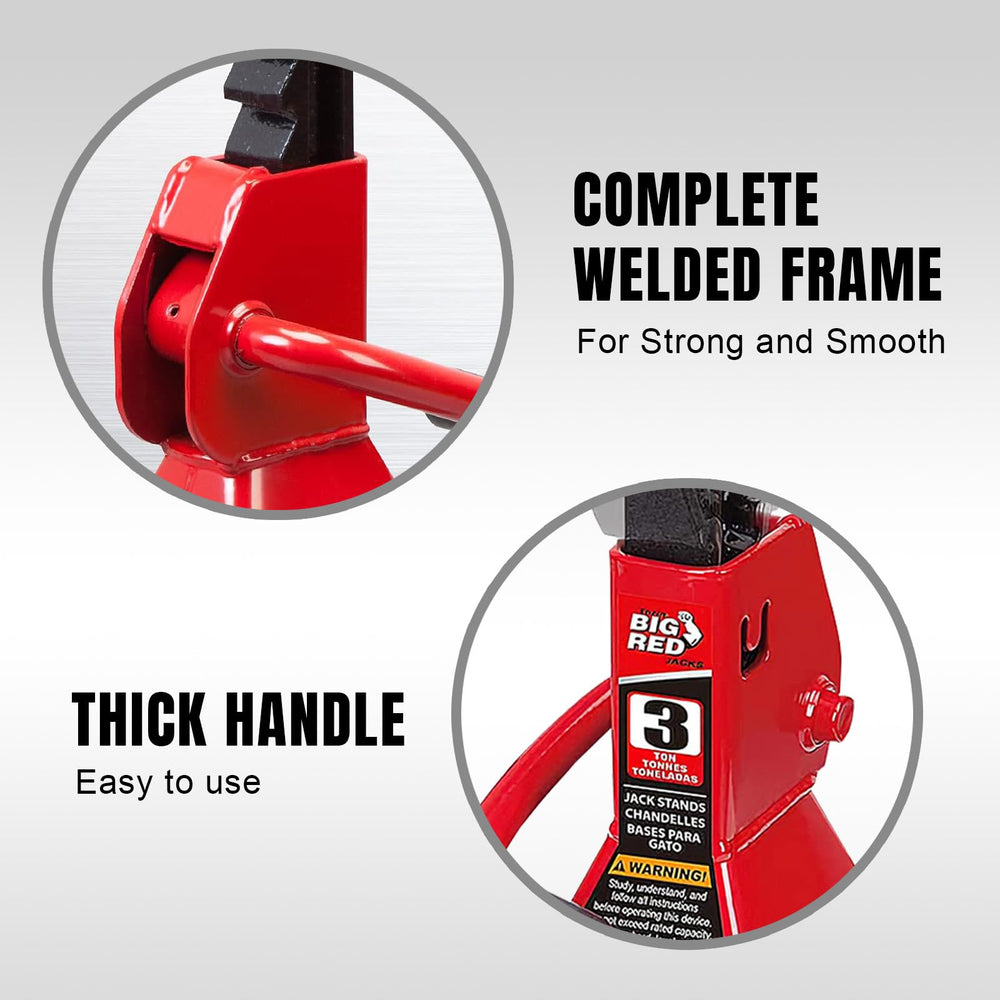 BIG RED 3-ton jack stands in use under a lifted vehicle for stability.