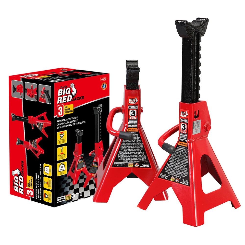 BIG RED 3-ton jack stands, side view, sturdy forged steel construction for vehicle support.