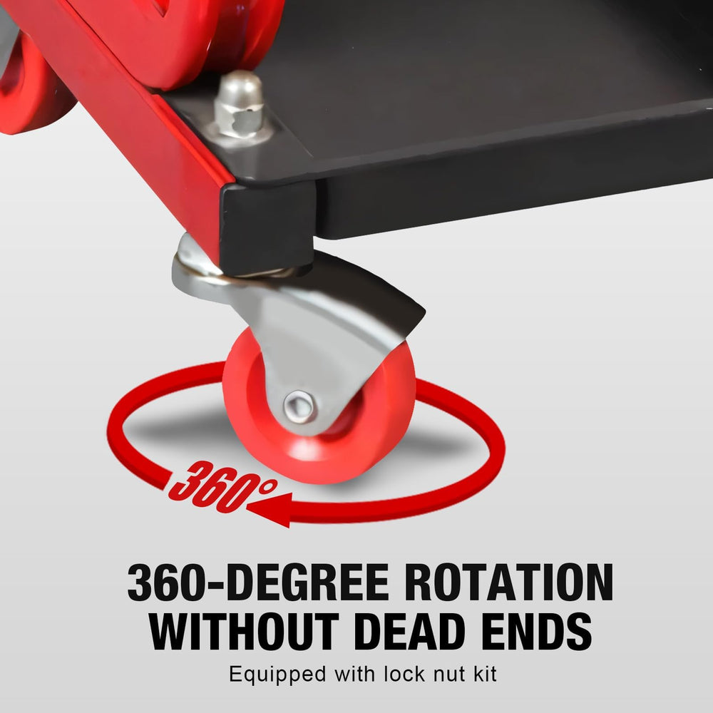 BIG RED creeper seat features 360-degree casters for smooth movement.