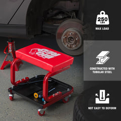 BIG RED creeper seat highlights anti-tilt design for stability.
