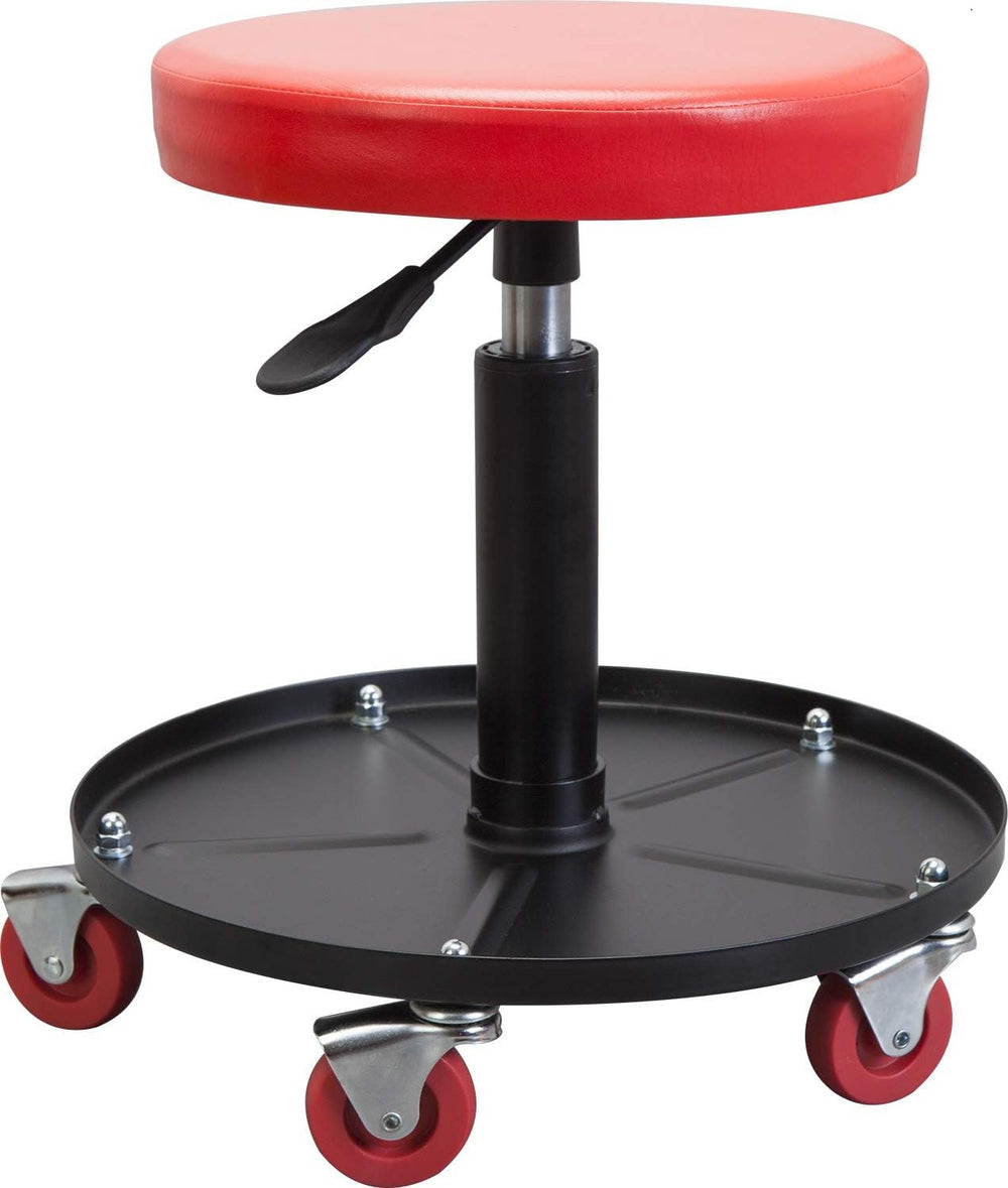 BIG RED Creeper seat with pneumatic rolling base for easy garage positioning.