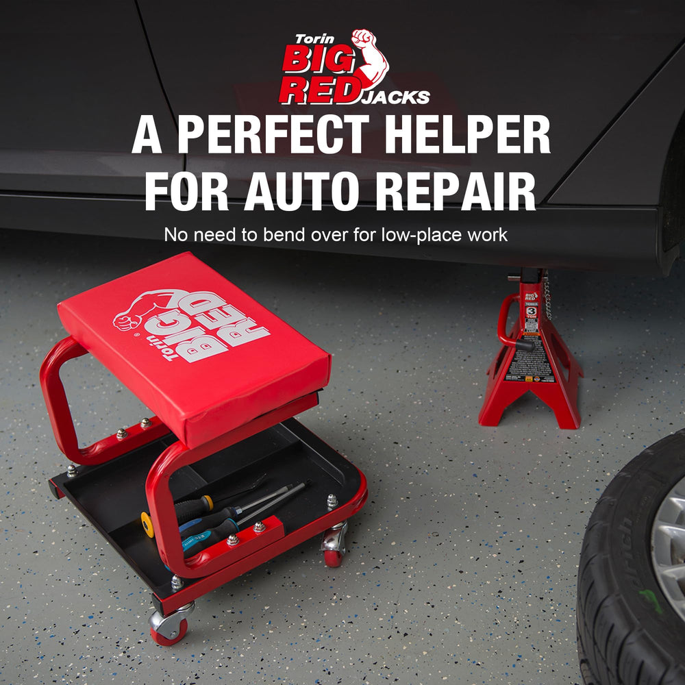 BIG RED creeper seat shows large tool tray for quick access to gear.
