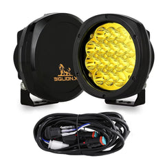 BIGLION.X amber round LED offroad light front view improves night visibility.