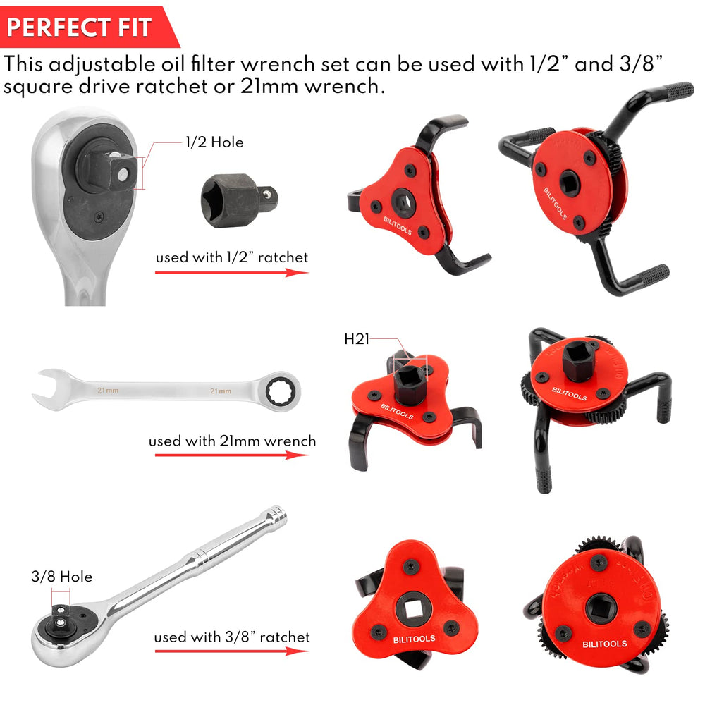 BILITOOLS adjustable oil filter wrench compatible with 3/8 inch drive for versatile leverage