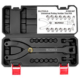 Bilitoools pulley holder set on tray for efficient, organized pulley work.