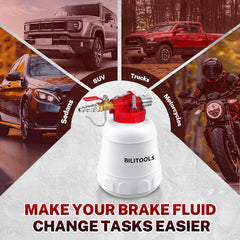 BILITOOLS 1L brake bleeder kit in use on a car showing hands-free operation.
