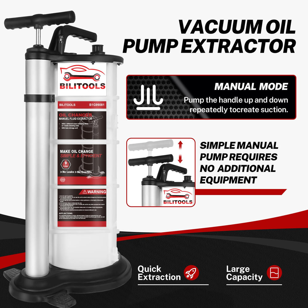 BILITOOLS 9L oil extractor storage tube highlights organized hoses and clean workspace.