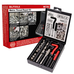 BILITOOLS M10x1.0 thread repair kit with HSS drill for durable metal threading.