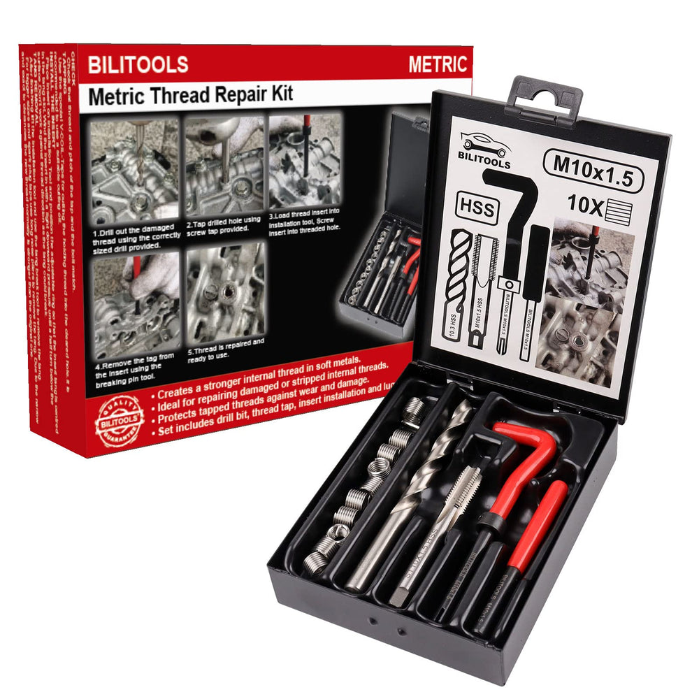 BILITOOLS M10x1.5 thread repair kit in case enabling durable repairs on metal surfaces