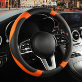 Binsheo leather steering wheel cover with universal 14.5–15 inch fit for improved grip.