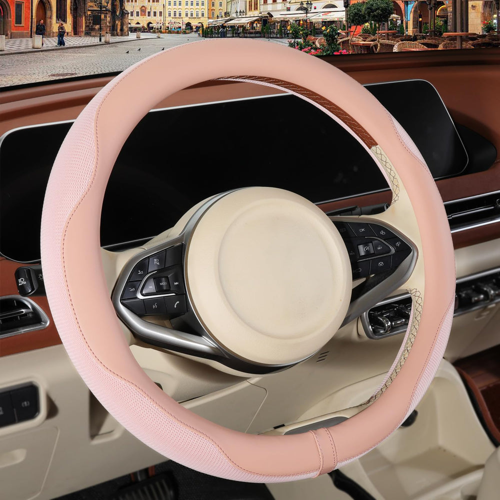 Binsheo Nappa Leather Pink steering wheel cover closeup highlighting soft-touch texture for comfortable grip.