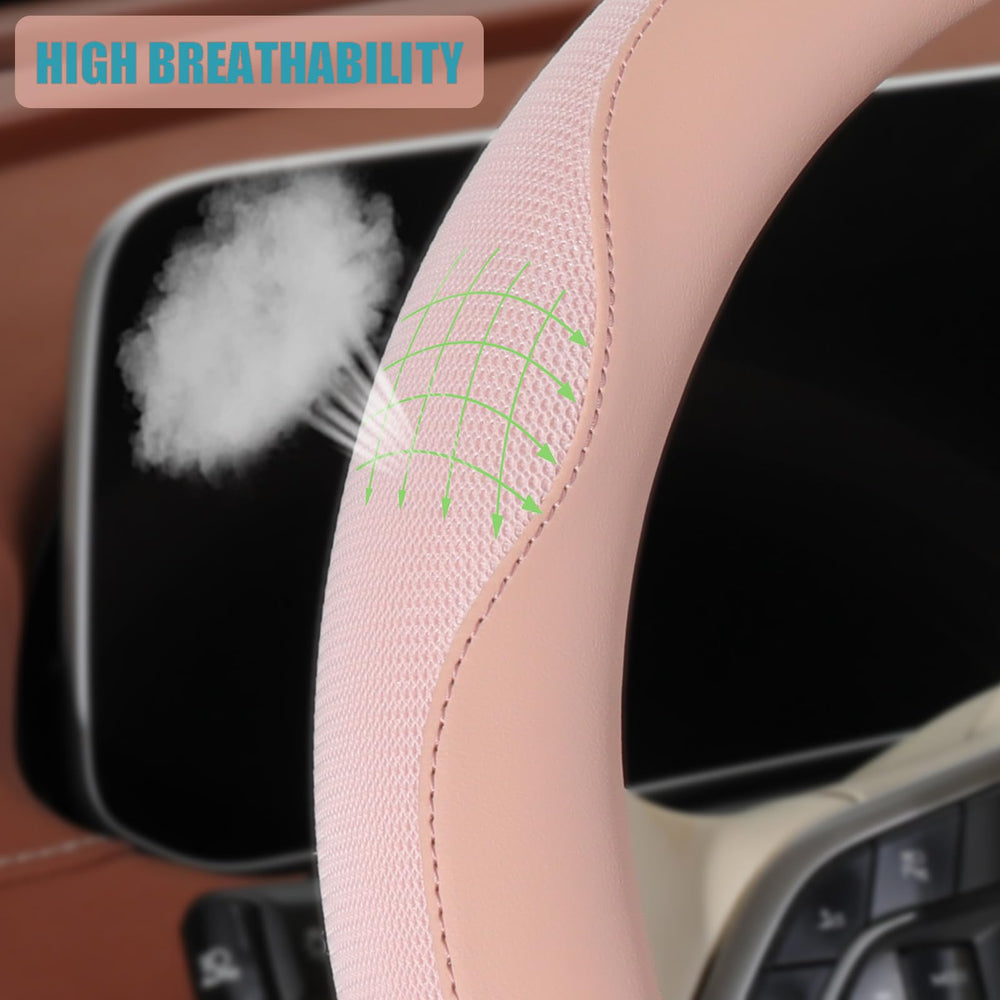Binsheo Nappa Leather Pink steering wheel cover in car interior offering breathable comfort year-round.