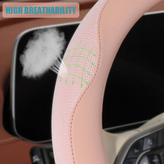 Binsheo Nappa Leather Pink steering wheel cover in car interior offering breathable comfort year-round.