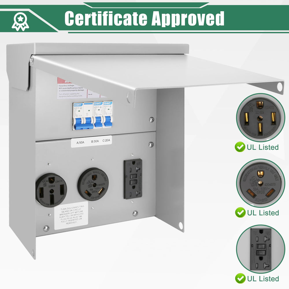 Binwacool 50-amp RV outlet panel delivering robust external power for campers.