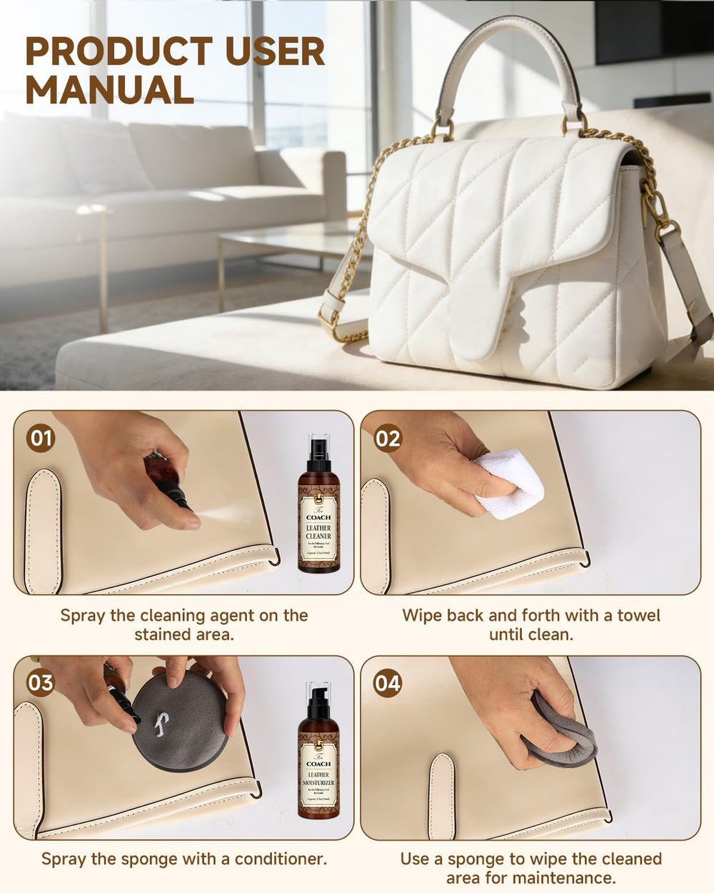 BIOOICH leather care in-use step1 demonstrates cleaning and prep.