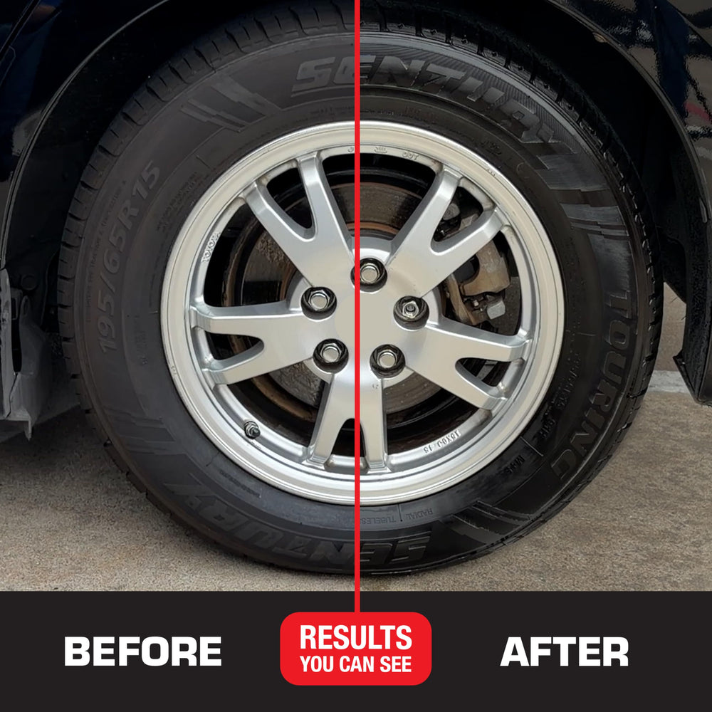 Black Magic Tire Wet Foam dirt-dissolution action on wheel sidewalls.