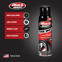 Black Magic Tire Wet Spray arc spray demonstrates even coverage on the tire.