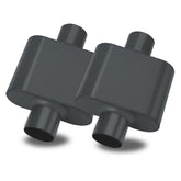 BLACKHORSE-RACING pair mufflers side view, durable aluminized steel construction.