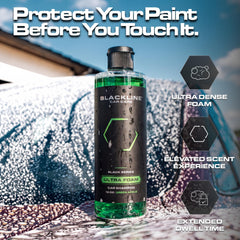 Blackline Extreme Foaming Shampoo in action with a foam cannon for deep cleaning.