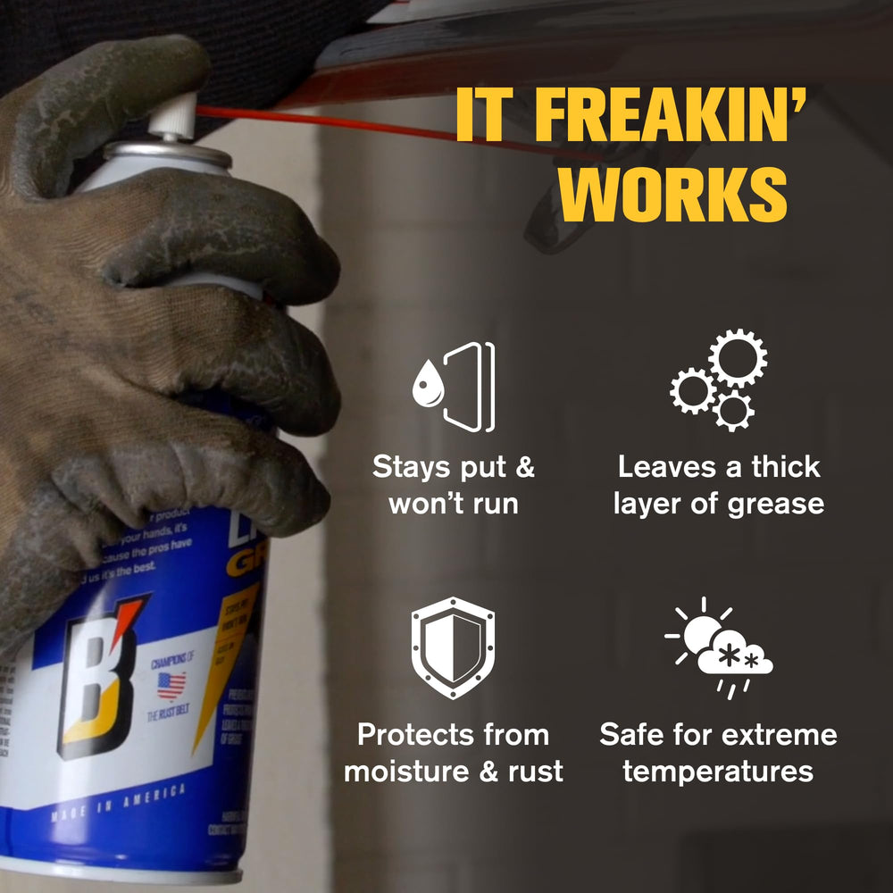 Blaster White Lithium Grease Spray protects bearings from wear and moisture.