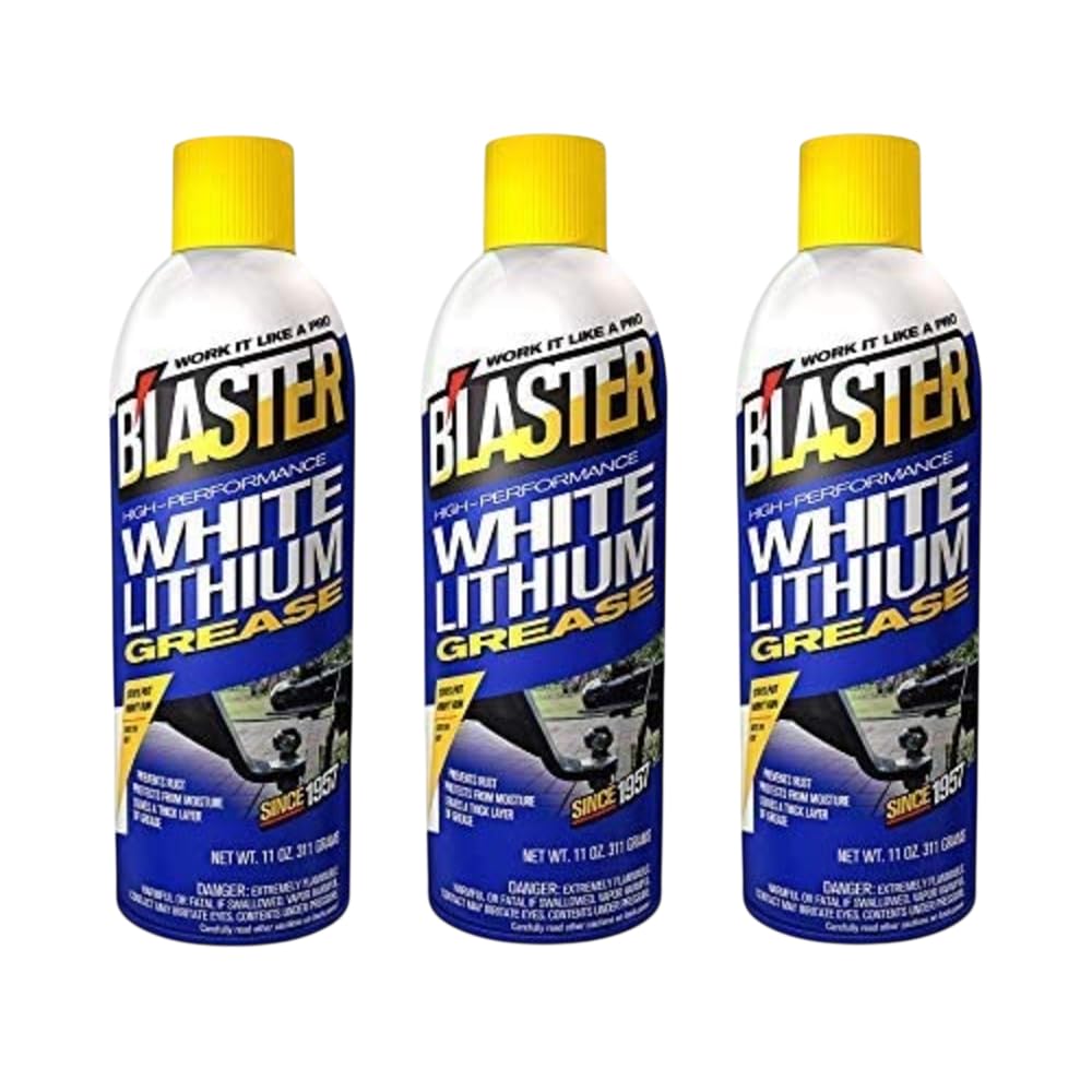 Blaster White Lithium Grease Spray bottle delivers long-lasting lubrication for metal parts.