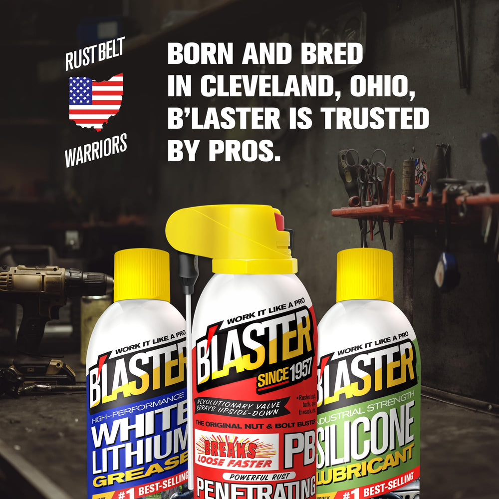 Blaster White Lithium Grease Spray leaves a durable lubricating coating on metal.