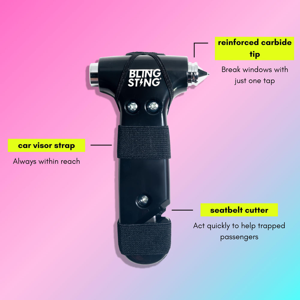 BLINGSTING safety hammer with visor strap keeps the tool within reach.